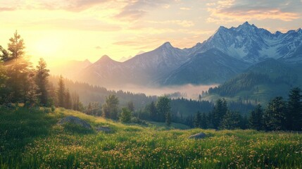 Fototapeta premium A breathtaking sunrise over serene mountains, showcasing vibrant greenery and misty valleys.