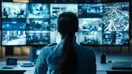 A female security officer sits in front of a large screen wall displaying multiple camera feeds. She monitors various surveillance footage, ensuring security and safety in a control room
