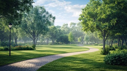 Obraz premium A serene park scene featuring a winding path surrounded by lush green trees and soft sunlight filtering through the leaves.