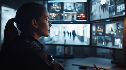 A focused female security officer closely watches multiple surveillance screens, ensuring safety and security in a control room environment.
