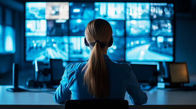 A security operator sits in a control room, overseeing multiple surveillance screens, ensuring safety and monitoring live video footage.

