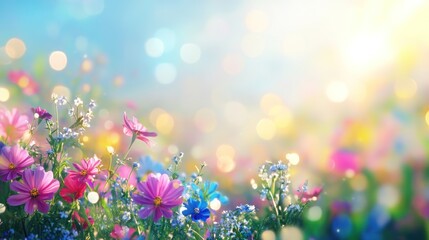 A vibrant field of colorful flowers blooming in a sunny atmosphere, radiating joy and freshness.