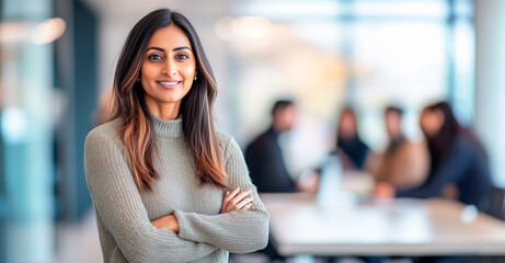 A confident Indian businesswoman smiles with folded arms in a modern office environment. Coworkers are seated at a meeting in the background, creating a professional setting