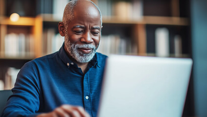 Obraz premium A senior man with a gray beard works on his laptop in a home office, looking focused and engaged in a comfortable setting. 