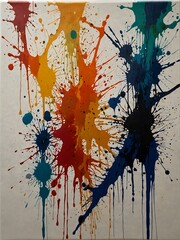 Acrylic paint splatters on white canvas with random patterns.