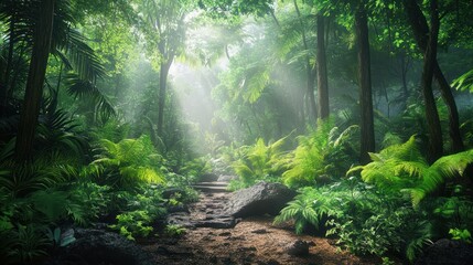 Lush green rainforest with beams of sunlight filtering through dense foliage.