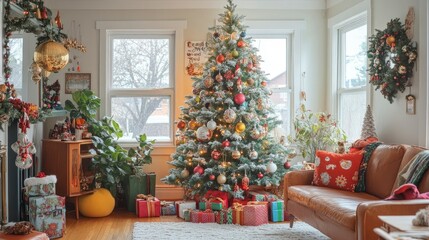 A Christmas tree adorned with vintage ornaments, colorful lights, and handmade garlands in a cozy family room.