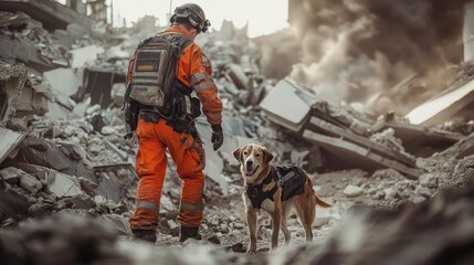 Obraz premium A male rescue worker in orange gear stands with a Labrador Retriever amidst rubble after a disaster.