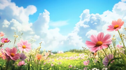 Fototapeta premium A vibrant field of pink flowers under a bright blue sky with fluffy white clouds.