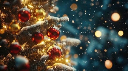 A Christmas tree decorated with red and gold ornaments, surrounded by a winter wonderland of falling snow and glowing lights.