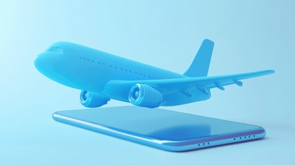 A blue airplane is flying over a blue smartphone on a light blue background, representing online travel booking and airplane tickets.