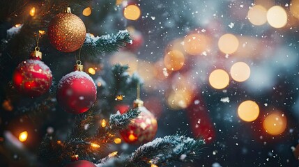Obraz premium A Christmas tree decorated with red and gold ornaments, surrounded by a winter wonderland of falling snow and glowing lights.