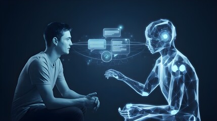 Man Interacting with Holographic  Chatbot