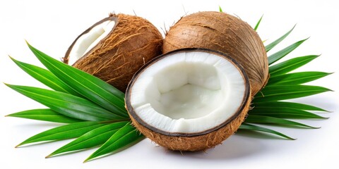Tropical Tranquility Close-Up of Fresh Coconuts and Palm Leaves on White Background - Natural Elegance for Food, Wellness, and Travel Concepts