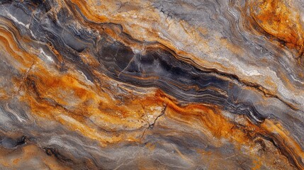 An abstract pattern featuring swirling shades of orange, gray, and black, resembling textured stone or marble.