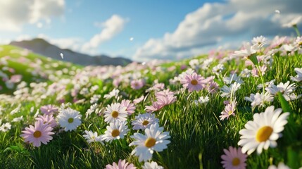 A vibrant field of daisies in soft pink and white colors, illuminated by golden sunlight, creating a serene and peaceful atmosphere.