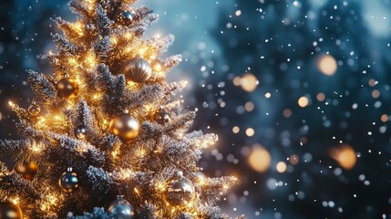Naklejka premium A Christmas tree decorated with silver and gold ornaments, glowing brightly against a backdrop of falling snow.