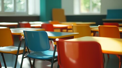 Bright Modern Classroom with Colorful Desks and Chairs.Empty Classroom with Vibrant Seating in a Contemporary School.