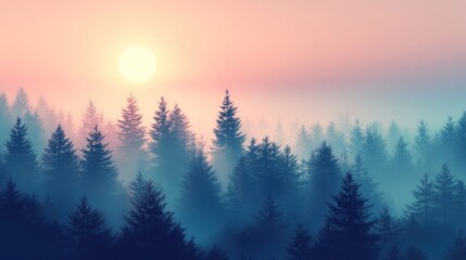 Fototapeta premium A serene sunrise over a misty forest, with soft hues of pink and blue creating a tranquil atmosphere.