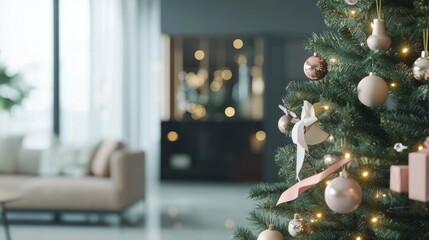 A Christmas tree decorated with pastel-colored ornaments, soft twinkling lights, and ribbons in a modern living room.