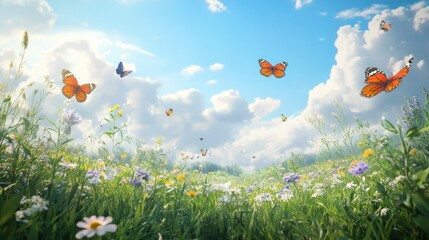 Obraz premium A vibrant meadow filled with colorful flowers and butterflies under a bright blue sky, embodying the essence of spring.