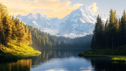 Fototapeta premium A breathtaking landscape featuring majestic mountains and a tranquil lake surrounded by lush forests at sunrise.
