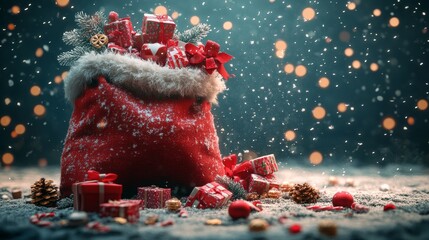Christmas presents tumbling out of Santaâ€™s overflowing sack, with toys, candy, and surprises spilling everywhere, 3D illustration