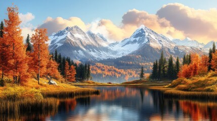 A tranquil autumn landscape with vibrant orange trees and snow-capped mountains reflecting in a serene lake.