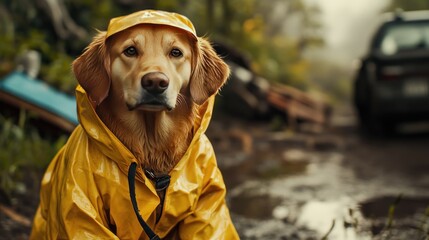 A golden retriever wearing a bright yellow raincoat sits patiently in a misty, mud-laden environment.