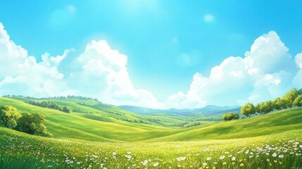 A vibrant landscape showcasing lush green fields under a bright blue sky, dotted with fluffy white clouds.
