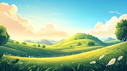 Obraz premium A vibrant landscape featuring rolling green hills, blooming wildflowers, and a bright blue sky with fluffy clouds.