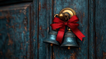 Obraz premium Ornamental bells with ribbons, tied onto a door handle, ringing softly as the door opens and closes, 3D illustration