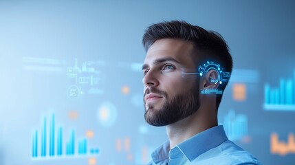 Businessman surrounded by holographic digital tools and growth charts, symbolizing scalable business operations in a digital world