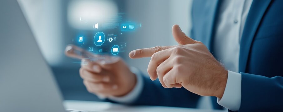 Businessman using a flexible communication platform with holographic icons for video calls, messaging, and team collaboration