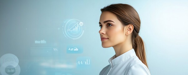 Businesswoman analyzing scalability metrics on a digital dashboard, surrounded by growth projections and cloudbased tools