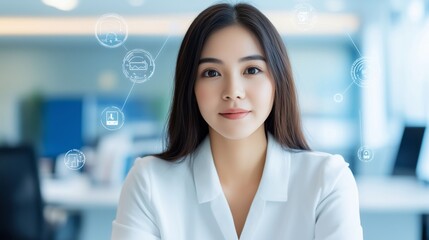 Naklejka premium Businesswoman communicating with a remote team, surrounded by holographic icons symbolizing flexibility and digital communication