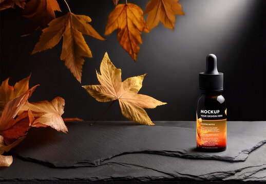 Dropper Bottle Mockup on a Slate Dark Table with Studio Light Background and Autumn Dry Leafs with Generative AI
