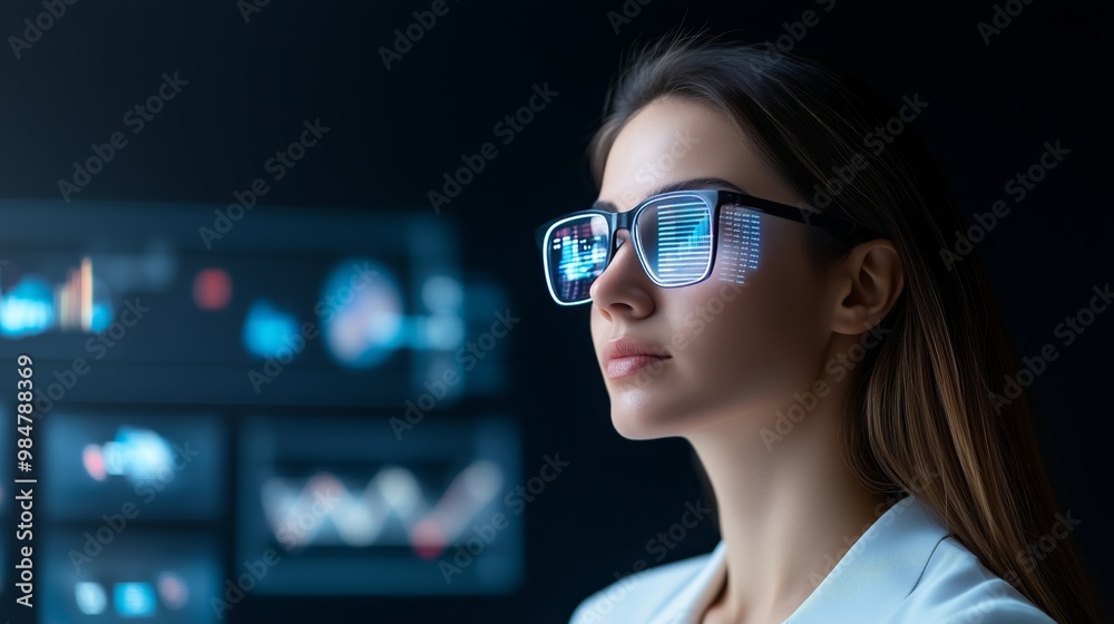 Wall mural businesswoman using cloudbased software with holographic graphs and digital tools symbolizing scalab