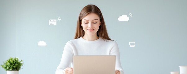 Businesswoman managing flexible schedules and communication with floating cloudbased tools, symbolizing remote work efficiency
