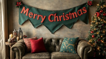 Christmas bunting with "Merry Christmas" written in bold red and green letters, hanging across a wall, 3D illustration