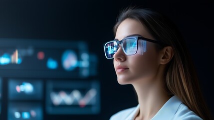 Businesswoman using cloudbased software with holographic graphs and digital tools symbolizing scalable business solutions