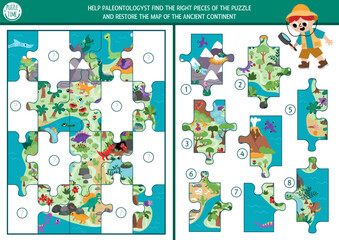 Dinosaur matching activity with prehistoric continent map shaped as jigsaw puzzle. Dino land game, printable worksheet with animals. Dino land match up page. Find missing parts of the picture