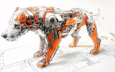 Mechanical cybernetic dog design blending organic anatomy with industrial machinery, futuristic blueprint-style illustration featuring gears and circuits for engineering and robotics
