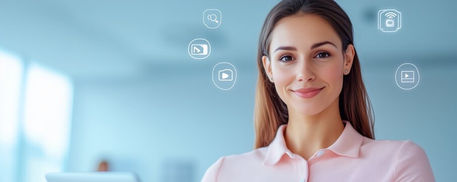 Businesswoman using flexible communication software with floating video call and messaging icons, symbolizing adaptable workflows