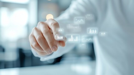 CEO managing scalable business operations using digital dashboards with floating graphs representing growth potential