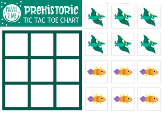 Fototapeta premium Vector dinosaur tic tac toe chart with pterosaur and fish. Prehistoric board game playing field with cute characters. Funny dino land printable worksheet. Noughts and crosses grid with pterodactyl