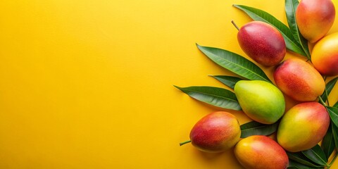 Vibrant Mangoes and Leaves on Yellow Background, Vivid Summer Freshness, Festive Tropical Composition for Food and Marketing Concepts