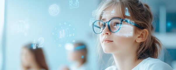 Students using augmented reality tools for math assessments, surrounded by floating numbers and educational symbols