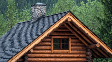 Obraz premium Roofing for log cabins, with rustic wood materials used to create a sturdy and natural-looking roof for a cabin in the woods