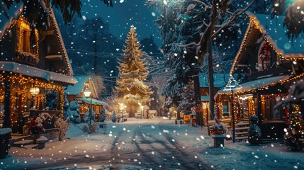 A charming snowy village at night, glowing with Christmas lights and decorated with festive cheer.